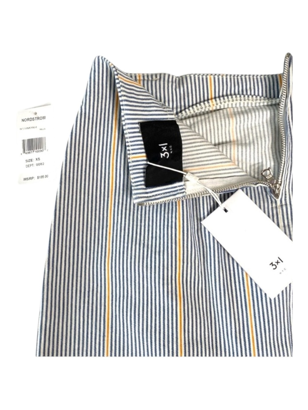 new 3x1 ᯾ Jane Ruffle Stretch Denim Mini Skirt ᯾ Blue Ticking Stripe ᯾ XS ᯾ Chic - Picture 9 of 16
